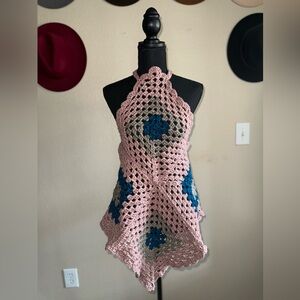 Handcrafted Crochet Halter Top - Blue, Pink, and Gray